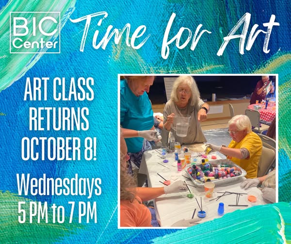 May be an image of 5 people and text that says 'Center Time for Art ART CLASS RETURNS OCTOBER 8! Wednesdays 5PMto7PM to 3op00cKcK'