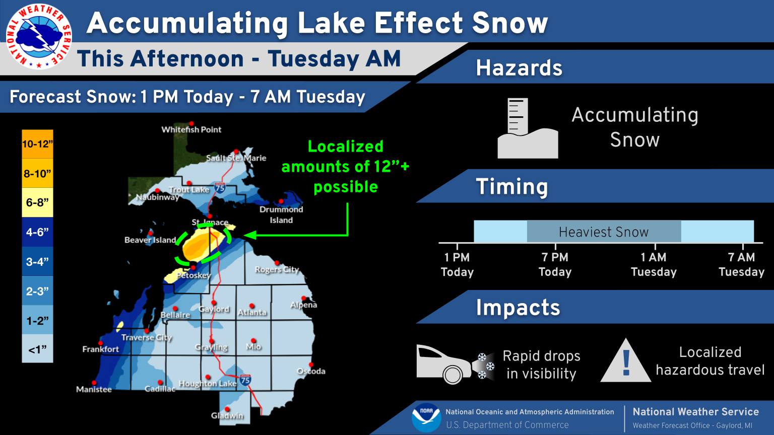May be an image of map and text that says 'WEATHER Forecast Snow: Accumulating Lake Effect Snow This Afternoon Tuesday AM AM Tuesday Today 10-12
