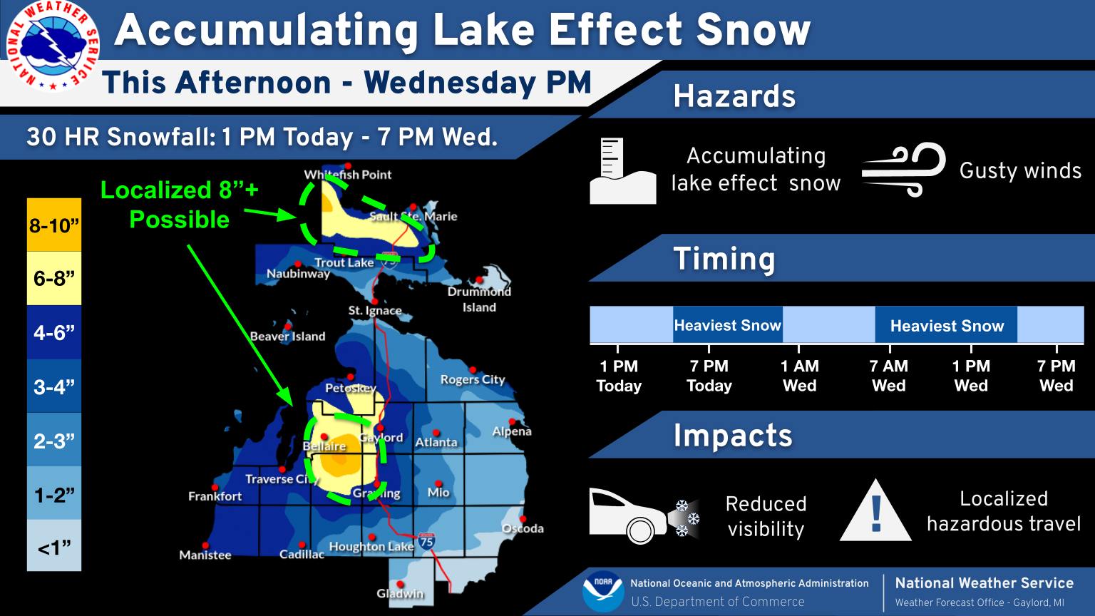 May be an image of map and text that says 'Accumulating Lake Effect Snow This Afternoon Wednesday PM 30 HR Snowfall: 1 PM Today 7PM Wed. Wh efish 8-10