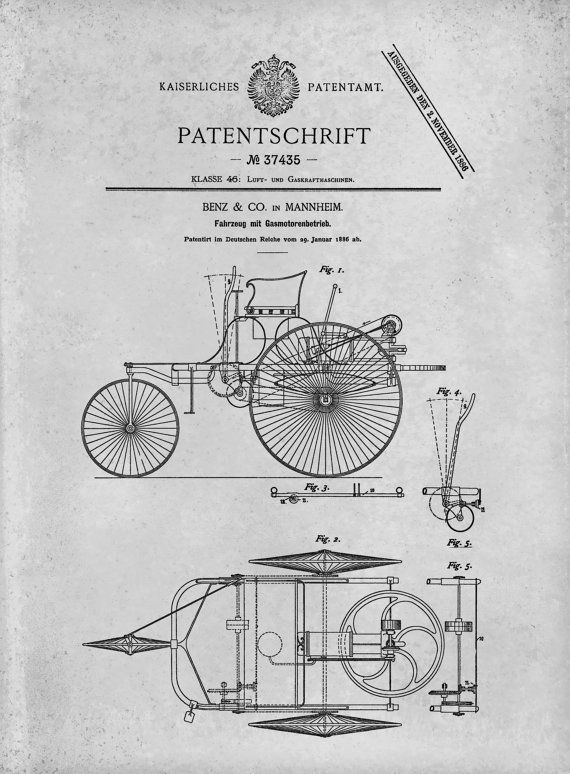 1886 Karl Benz Automobile Patent Print, 1886 Mercedes Benz Poster ...
