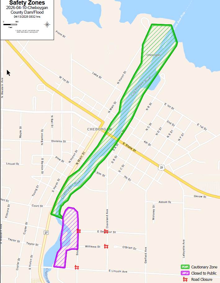 May be an image of map and text that says 'Safety Zones 2026-04- 10-Cheboygan County Dam/Flood 04/13/2026 0832 Frons St Cheboygan Lake St W1stSt St Muren ChebaganRia SI st Main ស៊ 110 1stSt 18 Benton CHEBOYG Division S1 2nd S1 NC Locust S1 E St Pine & State St FSI မ. Huront Main'St NM CSt Eim SI urtS Youngs 7ihs HuronS ChebeysaRiv Riyoz Court St Filmore St Cuyler Abbott 8L Gerow St 27 Taylor St ClevelandAv Ave ESo伴burs St Malonay Taylor St Willlams SI 好 10 O'Brien Dr HUhS Ave 민이 Garfield Cheboyg Lingoln Ave Cautionary Zone Public Closure'