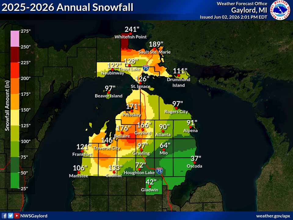 May be an image of tornado, map and text that says '2025-2026 Annual Snowfall 275