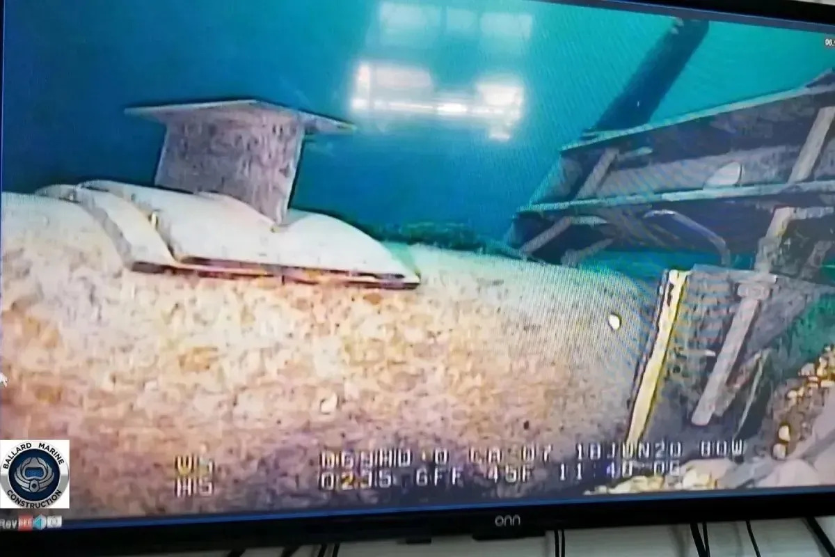 An underwater image of an oil pipeline